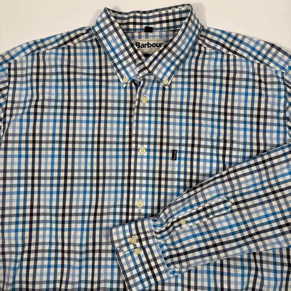 Barbour Buttondown Blue Black Plaid Checkered Mens Large Shirt - Picture 1 of 6